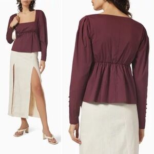 STAUD Peggy Top Plum Cotton Poplin Peplum Blouse Size Large NWT
